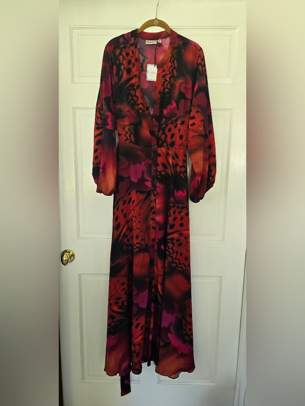 Long Sleeve Red & Pink Patterned Midi Dress